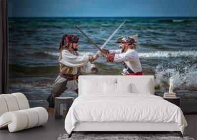 pirate dueling with a rival captain on the beach, swords clashing in the sand Wall mural