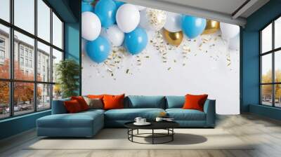  Birthday Background with Blue and White Balloons and Gold Confetti. Party Decorations Wall mural