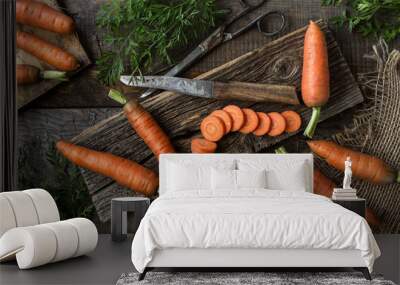 Fresh carrots on rustic  background with copy space Wall mural