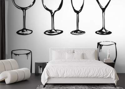 Collection of hand drawn vector drinks and glasses. Alcohol glasses. Wine, whiskey, champagne, vodka, cocktail, cognac. Sketch of different king of glasses. Set of stem ware and drink ware. Wall mural