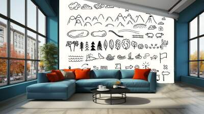 Drawing doodling map elements. Cartoon style collection for create an own unique map. Decorative topography sketch.    Wall mural