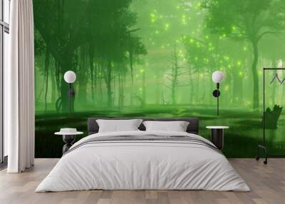 Mysterious forest swamp with magical supernatural fairy firefly lights soaring in the air at dark misty night. Fantasy 3D illustration from my 3D rendering file. Wall mural