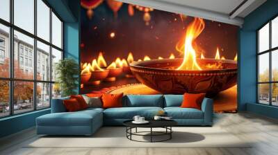 Festive fireworks and diyas illuminate the celebration night sky for Happy Diwali Wall mural