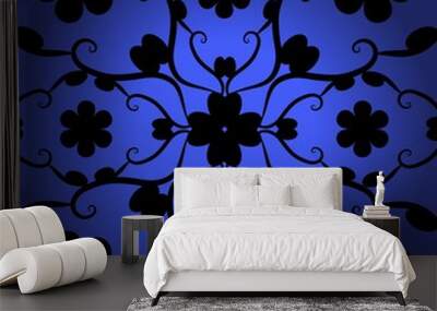 black floral pattern on blue background Wall mural