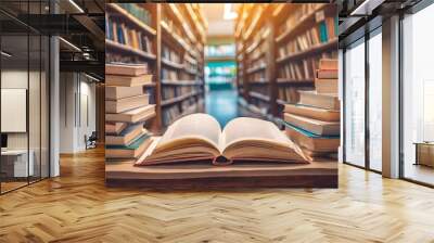 book in library with old open textbook stack piles of literature text archive on reading desk and aisle of bookshelves in school study class room background for academic education learning concept Wall mural