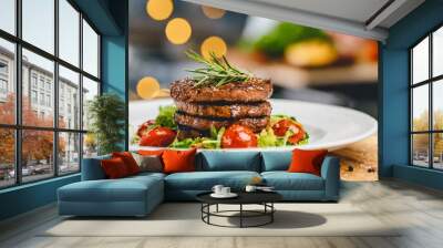 close up of gorgeous meat dish in background of blurred chef making food in professional modern kitchen and bokeh lights working concept cooks and craftsmen Wall mural