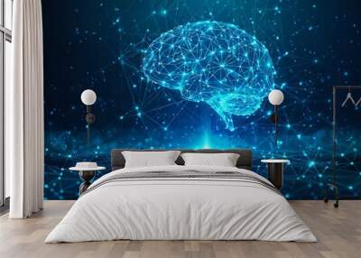 low poly brain or artificial intelligence concept symbol of wisdom point abstract vector image of a human brine low polygonal wireframe blue illustration on dark background lines and dots Wall mural