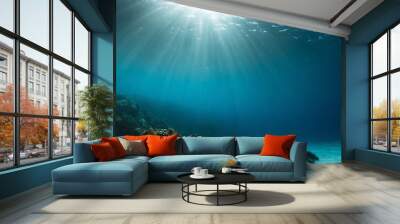 underwater sea deep water abyss with blue sun light Wall mural