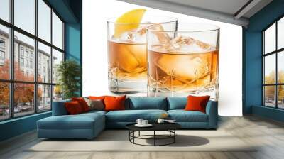 Two glasses of liquor with ice cubes and a lemon slice in the middle Wall mural