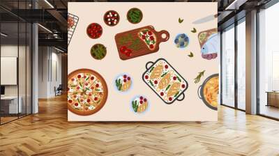 Illustration of different traditional food collection. Soup, pizza, fish, chicken, biscuits. Flat design vector Wall mural