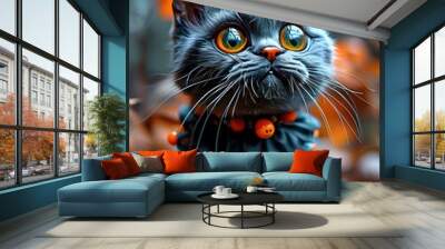 Witchy gray cat dressed in Halloween style Wall mural