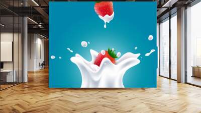 Vector realistic milk splashes with blueberries and red strawberries gradient background Wall mural