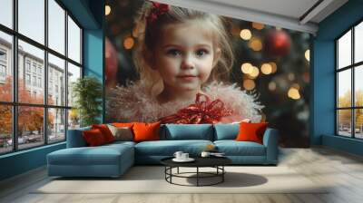 A beautiful little girl in a fluffy festive dress gets surprised with a gift in a fairytale Christmas setting. Children's Christmas and New Year. Evening fashion for children. Copy space. Wall mural