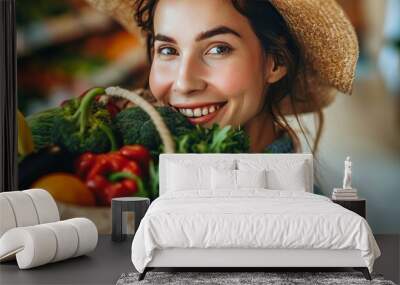 Beauty portrait of a woman surrounded by various healthy food lying. Healthy eating and sports lifestyle concept Wall mural