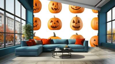 Halloween Pumpkins set, isolated on white background. Jack o Lantern Pumpkin with spooky faces. Halloween pumpkins collection Wall mural