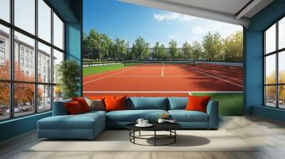 New private tennis court stadium with red ground without people during the summer Wall mural