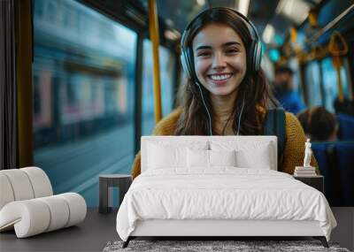 Young woman passenger standing with headphones and smartphone while moving in the modern tram, enjoying trip at the public transport Wall mural