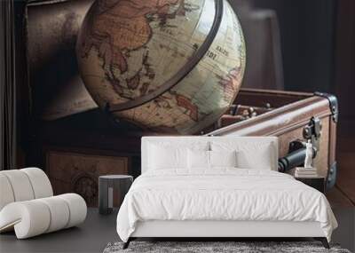 Old suitcases maps and the globe - the notion of travel relocation and expat life. AI generative Wall mural