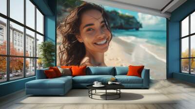 Beautiful young woman smiling on tropical beach during summer vacation Wall mural