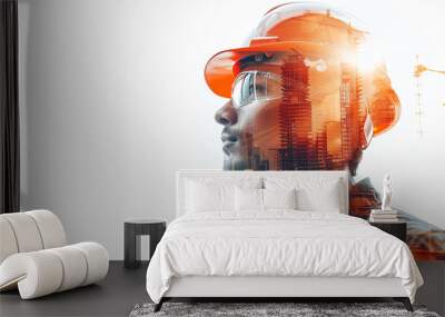 Construction engineer wearing a hard hat with a city skyline double exposure Wall mural