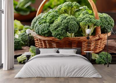 Freshly harvested broccoli filling a rustic basket displayed on a weathered wooden surface Wall mural