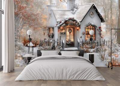 Small house covered in snow decorated for christmas time with warm lights at dusk in a fairytale like winter wonderland Wall mural