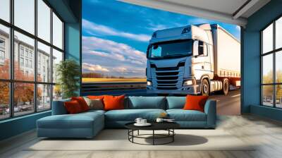 Truck is driving fast on the highway in a sunny day, transporting goods across the country Wall mural