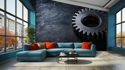 Two metal gears resting on a black metallic background, ideal for industrial backgrounds Wall mural