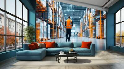 Warehouse manager standing in a large distribution center with shelves full of goods Wall mural