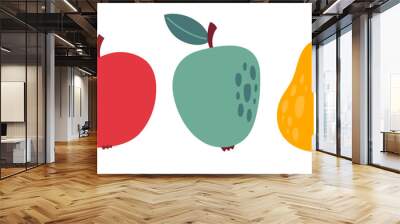 Apple and pear set. Collection stickers of whole apples and pear. Vegetarian organic food. Flat Vector illustration isolated on white background  Wall mural