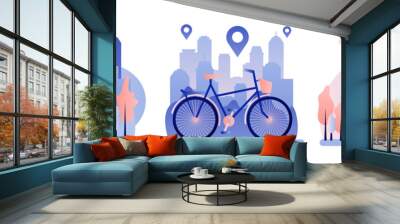 Bike rental. Background the city with skyscrapers. Flat style. Vector illustration Wall mural