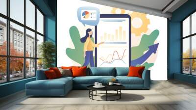 Data analytics consept. Business analysis. Tiny girl are studying the infographic on mobile app. Modern flat cartoon style. Vector illustration on white background	 Wall mural