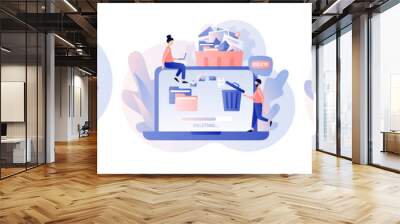 Delete concept. Tiny people deleting data and move unnecessary files to the trash bin. Modern flat cartoon style. Vector illustration on white background Wall mural