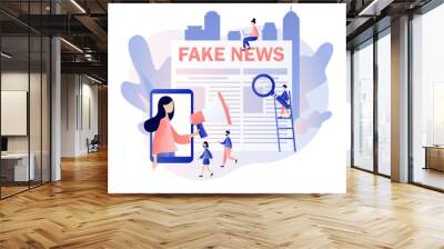 Fake news. Tiny people read newspaper and watching news in mobile app. Mass media, hot online information, propaganda newscast. Modern flat cartoon style. Vector illustration on white background Wall mural