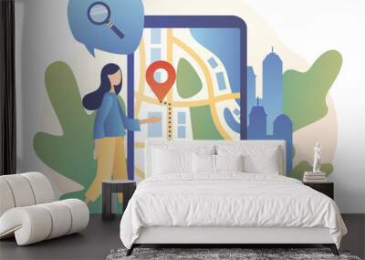 GPS navigation concept. Tiny girl search for location on smartphone. Online map. We have moved. Modern flat cartoon style. Vector illustration Wall mural