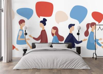 Group of people talking . Businessmen discuss social network, news, social networks, chat, dialogue speech bubbles. Flat cartoon style. Vector illustration Wall mural