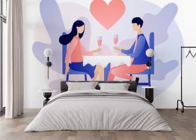 Loving couple spending time or relaxing together. Romantic dinner in restaurant. Romantic date concept. Characters Valentine day. Modern flat cartoon style. Vector illustration on white background Wall mural