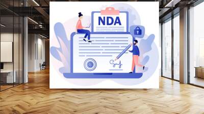 NDA contract. Non disclosure agreement. Tiny man sign confidentiality agreement document on laptop screen. Corporate secret protection. Modern flat cartoon style. Vector illustration Wall mural