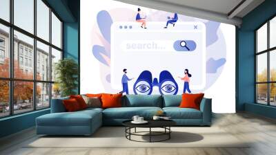 Search web page. Tiny people browsing online information, surfing internet with binocular. SEO concept. Modern flat cartoon style. Vector illustration on white background Wall mural