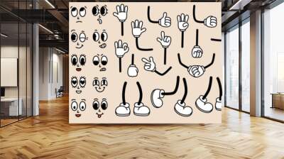 Set of 70s groovy comic faces. Collection elements of cartoon character faces, leg, hand in different emotions happy, angry, sad, cheerful. Vector illustration Wall mural