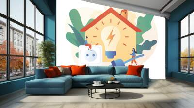 Sustainability concept. Energy saving. Tiny people unplug appliances and use energy saving light bulb. Reduce energy consumption at home. Modern flat cartoon style. Vector illustration on white backgr Wall mural