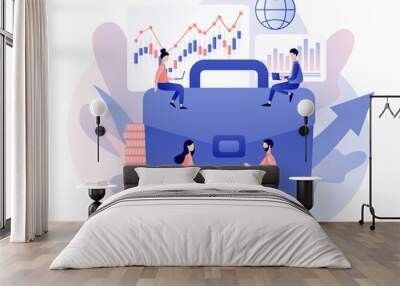 Trading online. Tiny people buy, sell and make up the portfolio cryptocurrency, stocks and bonds for forex. Business, finance and trade. Modern flat cartoon style. Vector illustration  Wall mural