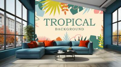 Tropical leaves background. Summer Sale banner design with flower and leaf. Monstera, banana tree, palm leaves, exotic foliage. Vector illustration Wall mural