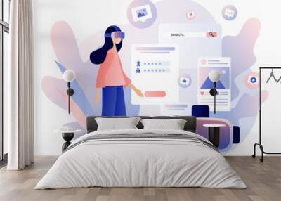 Virtual reality concept. Tiny girl using virtual reality glasses. VR cyberspace. Modern flat cartoon style. Vector illustration on white background Wall mural