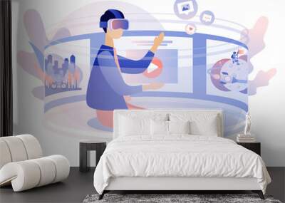 Virtual reality concept. Tiny guy using virtual reality glasses. VR cyberspace 360. Modern flat cartoon style. Vector illustration on white background Wall mural