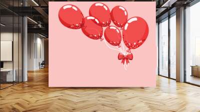 Bunch of red transparent balloons with red bow for birthday and party. Flying red balloons with rope in flat cartoon style. Vector illustration for celebrate and carnival. Wall mural