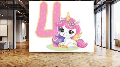 Cute unicorn with pink and golden number 4 isolated on white background. Happy Birthday concept. Vector illustration in flat cartoon style Wall mural