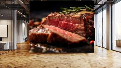 A perfectly cooked steak, with a juicy interior and crispy exterior, adorned with fresh rosemary sprigs, invites culinary delight. Wall mural