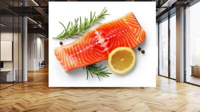 Fresh raw salmon steaks with spices, lemons on white plate. Top view of fish with copy space. Keto recipe. Wall mural