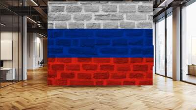 Russia flag painted on old brick wall texture background, white blue red Wall mural